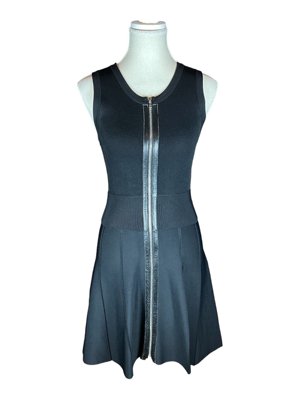 A.L.C. Black Ribbed Knit Leather Trim Zip Front Fit & Flare Dress XS